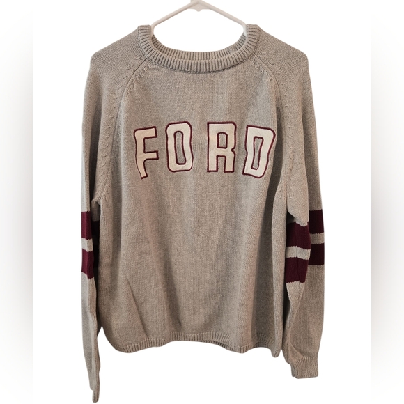 PACSUN X FORD HEATHERED GREY STRIPED CREW NECK SWEATER. SIZE LARGE. - Picture 2 of 9